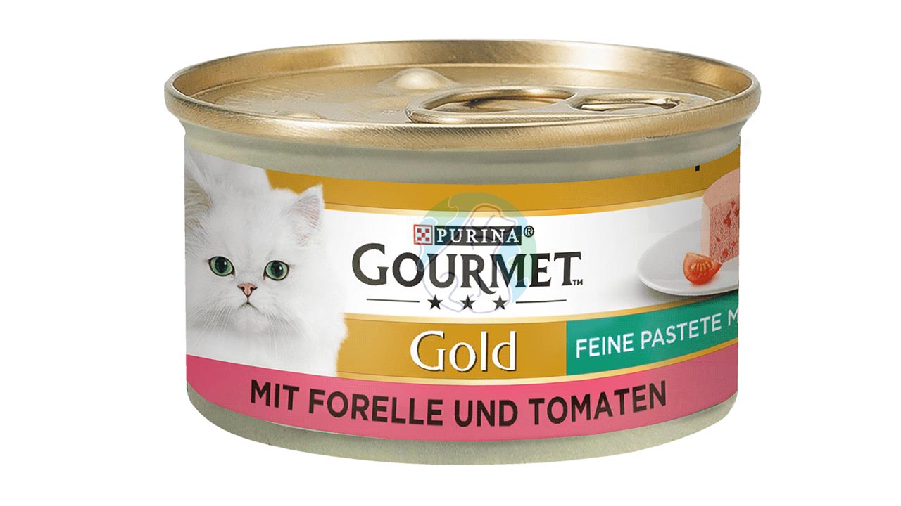 کنسرو گربه پته ماهی قزا آلا و گوجه  85گرمی Gourmet Gold